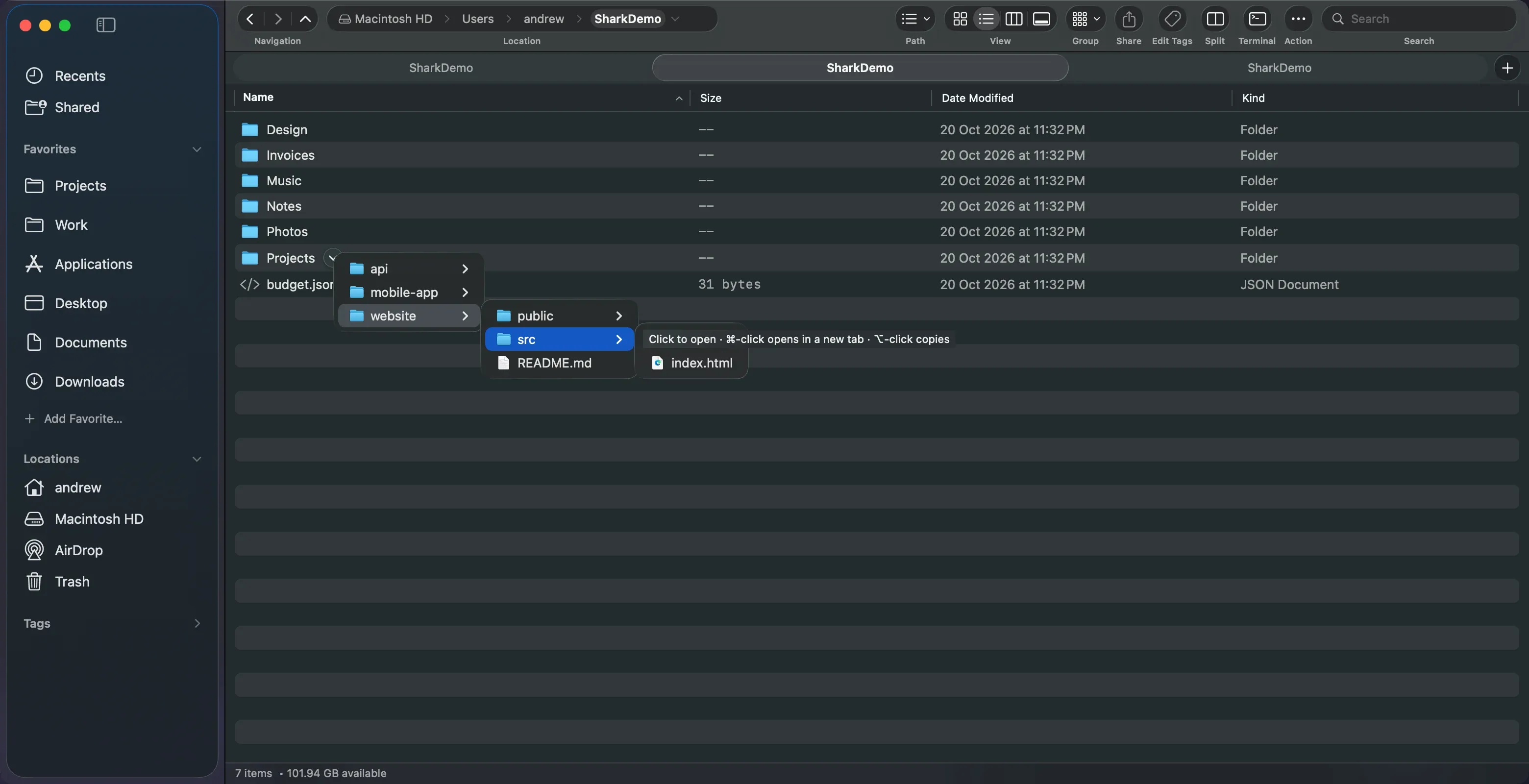 Shark showing a cascading menu through nested project folders