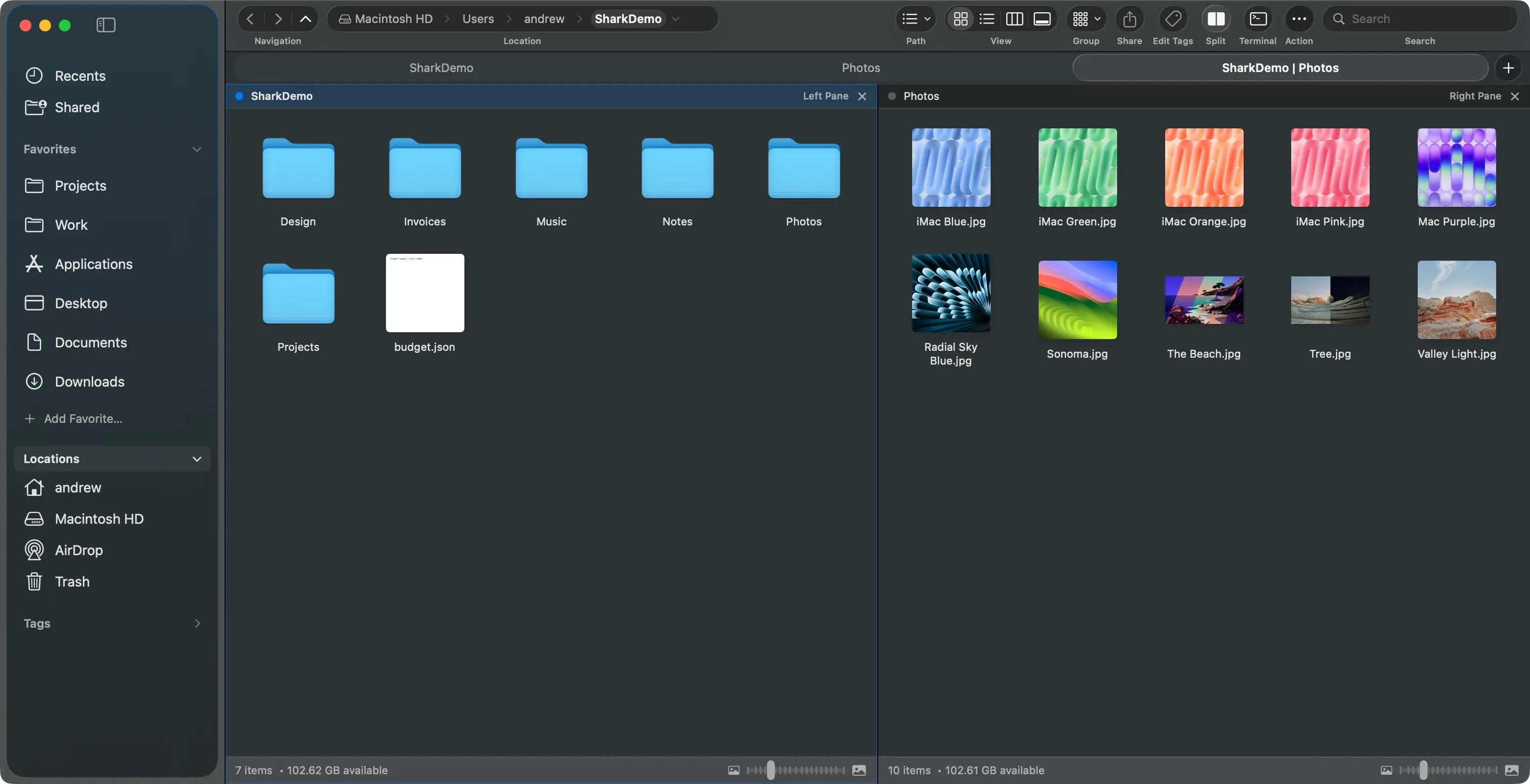 Shark with pinned folder tabs and two file panes side by side