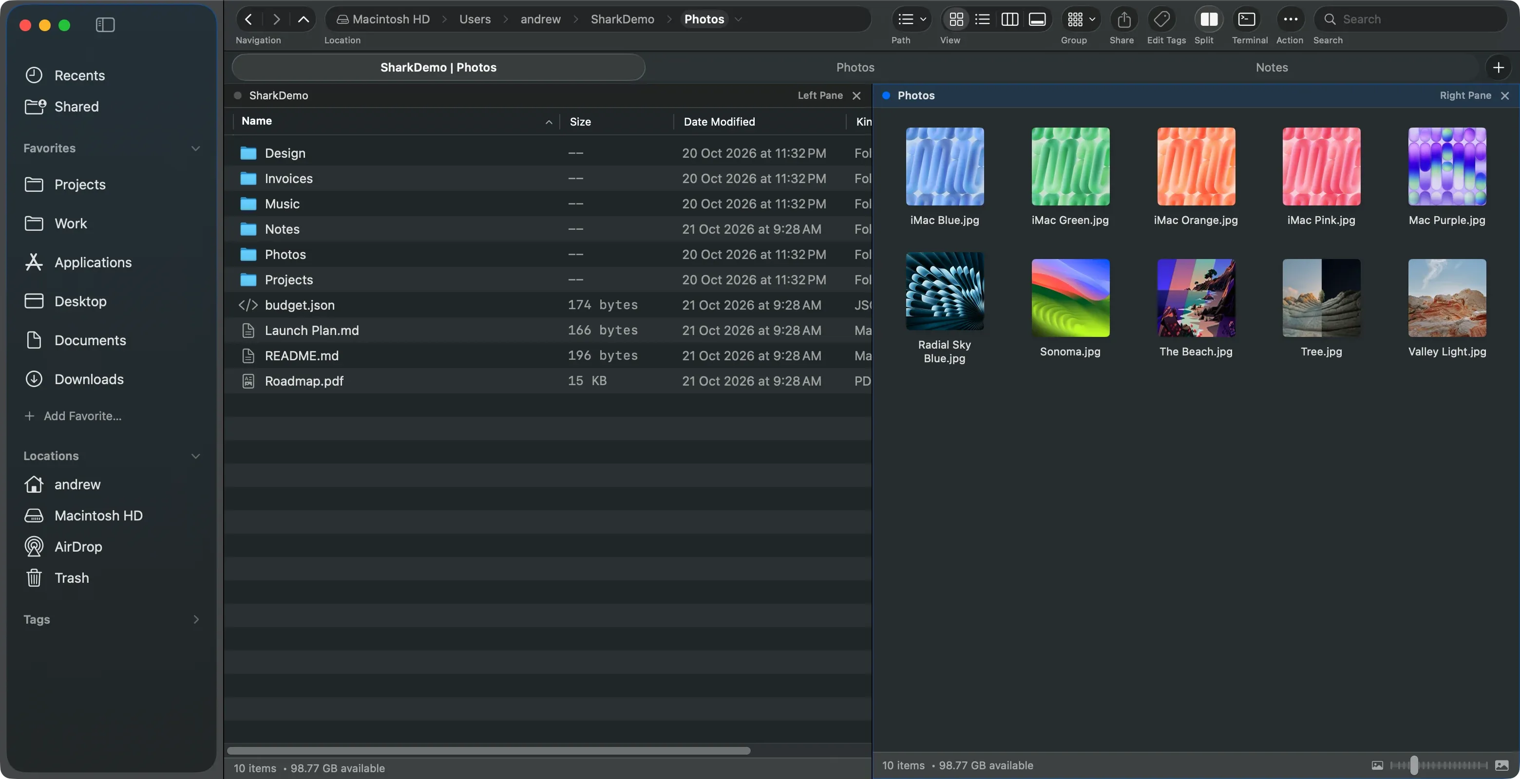 Shark with pinned folder tabs and two file panes side by side