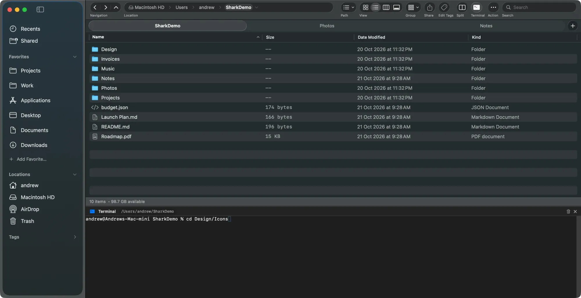 The built-in terminal open below Shark’s file browser